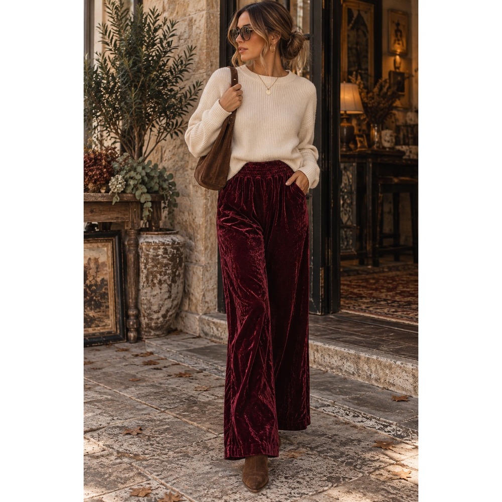 Anthropologie Burgundy Velvet Wide Leg Pants XS Wine Holiday